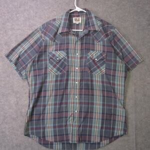 Ely Cattleman Shirt Mens Large Blue Plaid Western Pearl Snap Short Sleeve